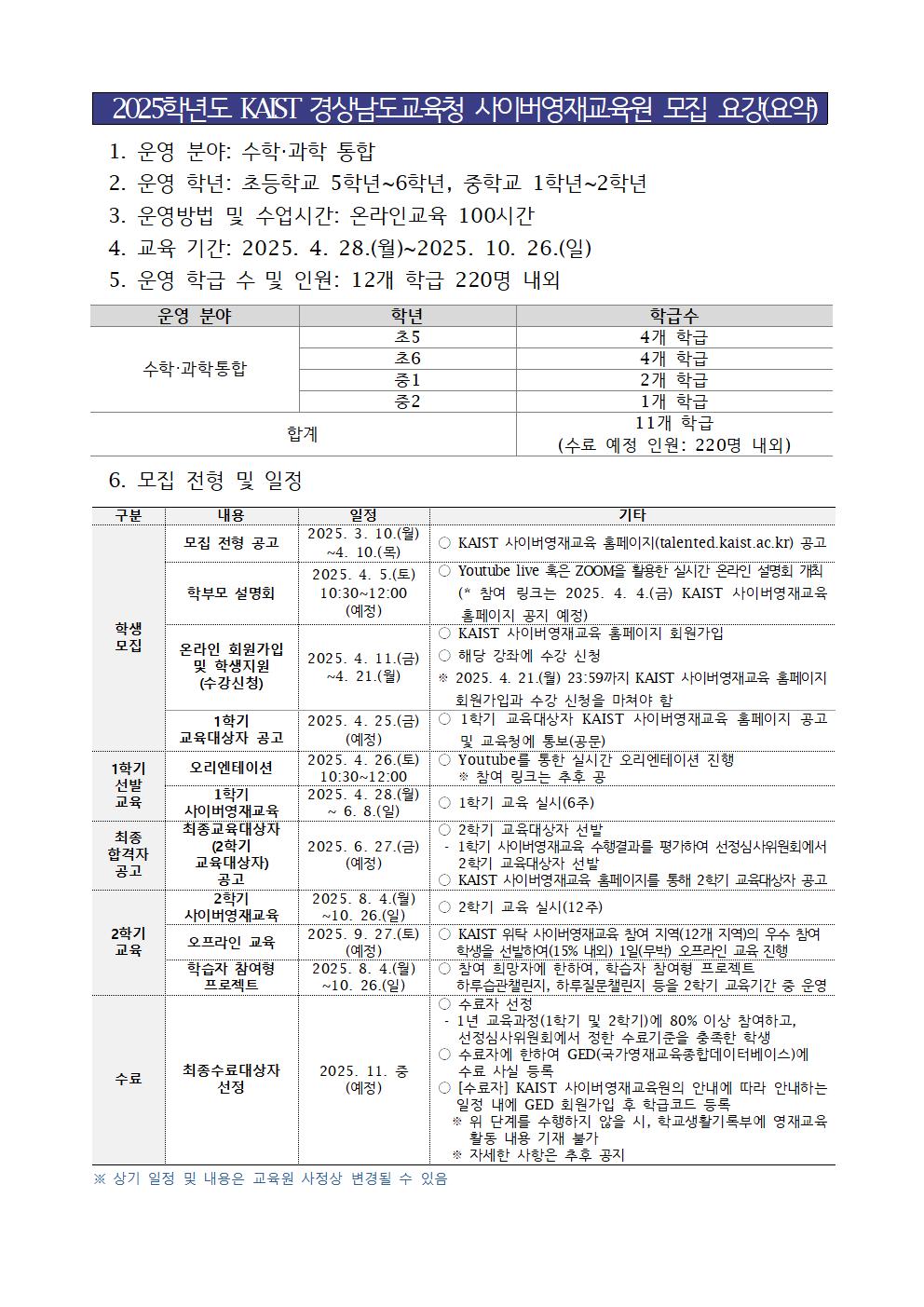 2025학년도 KAIST 경상남도교육청 사이버영재교육원 모집 요강.jpg